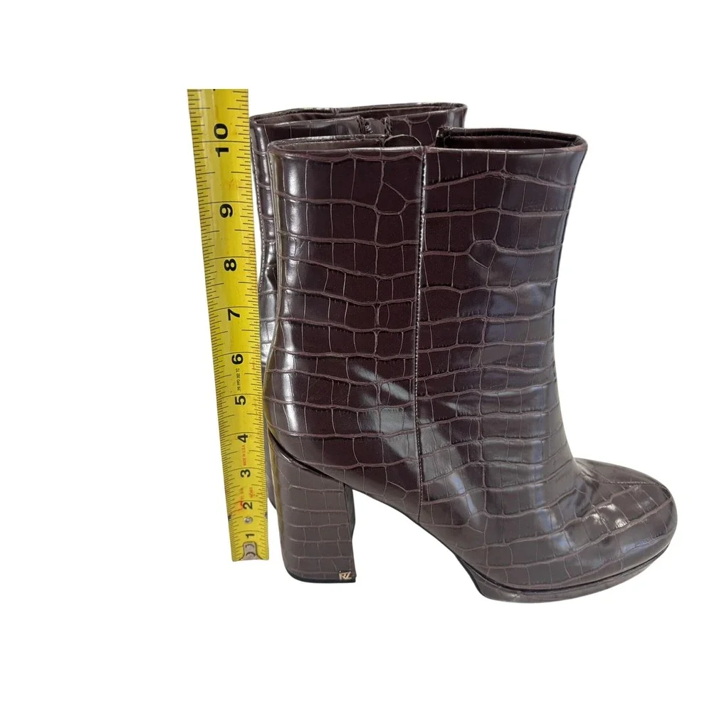 Rachel Zoe Maya Brown Croc Embossed Block Heel‎ Ankle Boots Womens 10M Platform